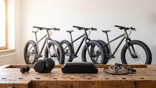 fatbike werkstatt technik vergleich Drei Fatbikes im Vergleich mit Mittelmotor, Akku und Scheibenbremse auf der Werkbank