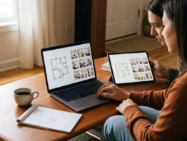 Paar vergleicht Ferienwohnungen auf Notebook und Tablet am Wohnzimmertisch