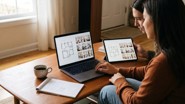 ferienwohnung buchen bild 1 1 Paar vergleicht Ferienwohnungen auf Notebook und Tablet am Wohnzimmertisch