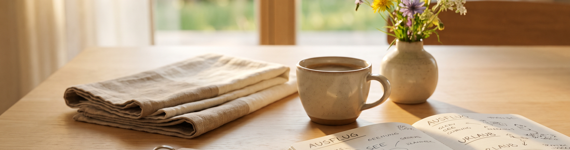 Ferienwohnung mit Schlüsselbund, Handtüchern und Kaffeetasse auf dem Esstisch
