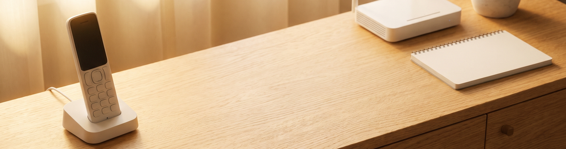 Festnetztelefon und Router auf einem hellen Sideboard