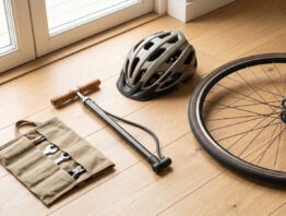 Fahrradhelm, Pumpe und Werkzeug