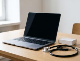 Laptop mit Stethoskop auf einem Tisch
