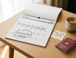 Reiseplanung am Schreibtisch mit Kalender und Notizen zum besten Buchungszeitpunkt für günstige Flüge