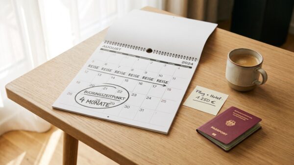 Reiseplanung am Schreibtisch mit Kalender und Notizen zum besten Buchungszeitpunkt für günstige Flüge