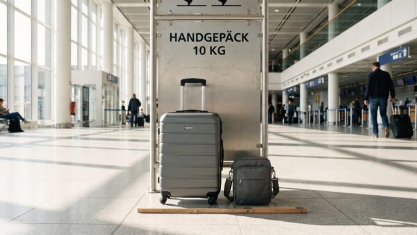 Handgepäckkoffer am Größenprüfer eines Billigfliegers als Symbol für versteckte Zusatzkosten