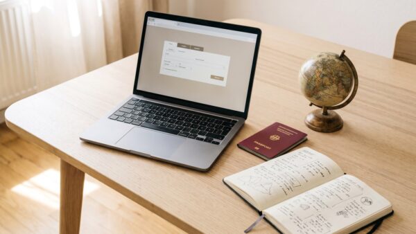 fluggastrechte buchung Flug günstig buchen: Laptop mit Reiseplanung und Reisepass