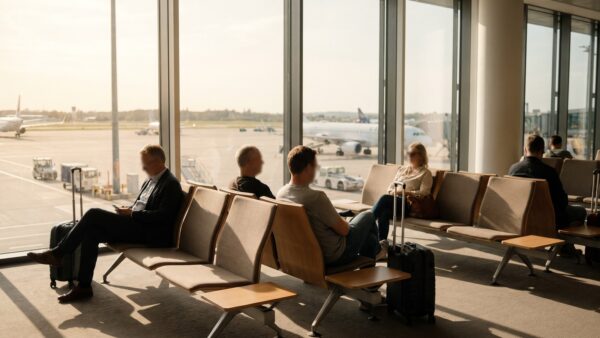 fluggastrechte gate Flugverspätung: Wartende Passagiere am Gate mit Gepäck