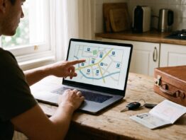 Flughafen-Parkplatz online vorbuchen am Notebook, daneben Autoschlüssel und Koffer