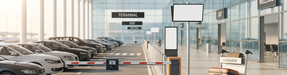 Parkhaus am Flughafen mit Schranke, Kennzeichenkamera und Terminal im Hintergrund