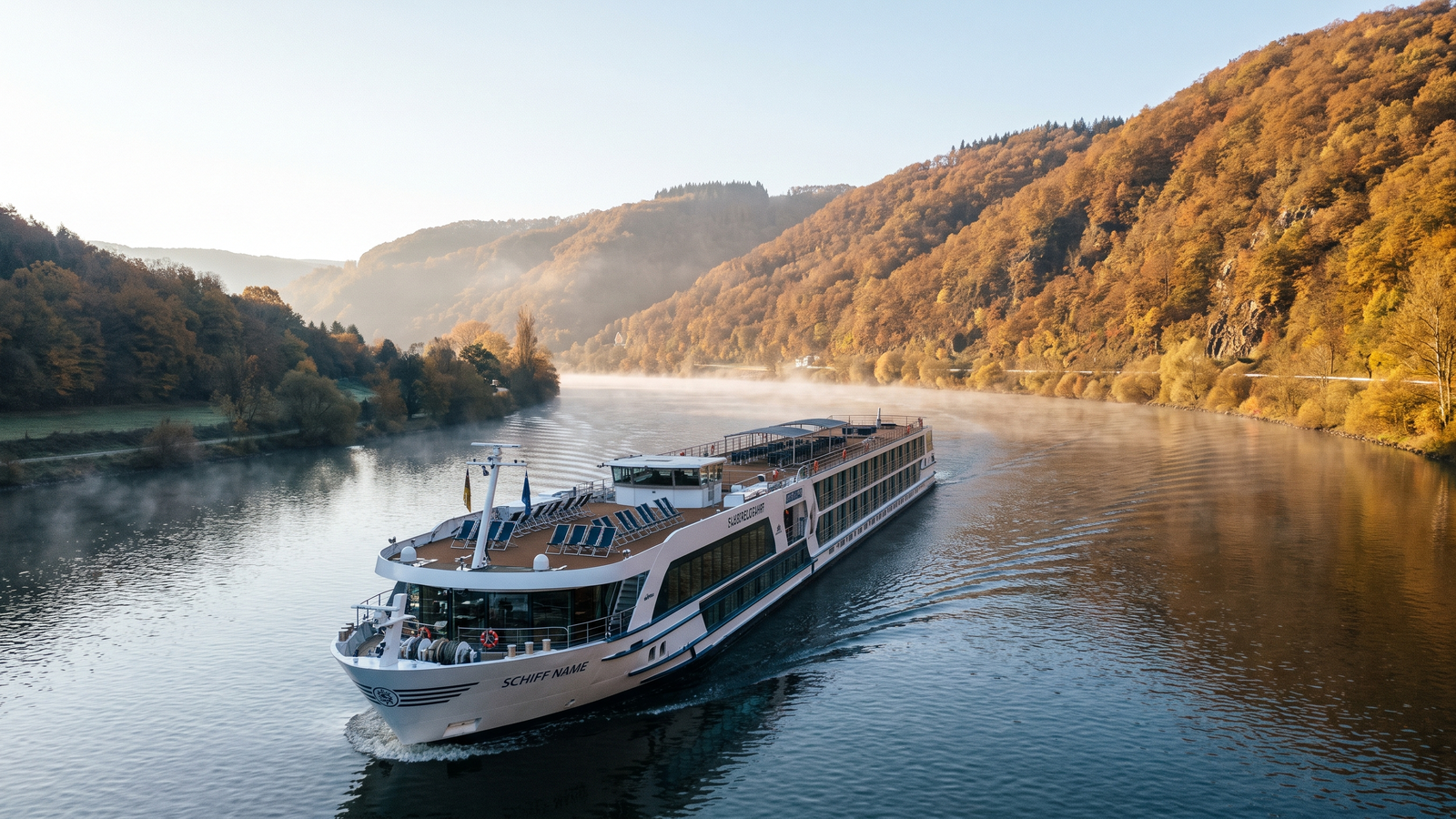 flusskreuzfahrt bild 3 Flusskreuzfahrtschiff in der Nebensaison im Herbstnebel auf dem Fluss