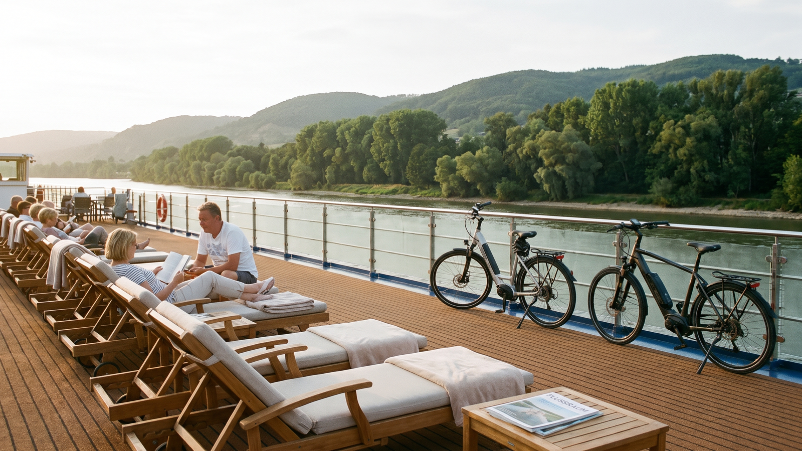flusskreuzfahrt bild 4 Sonnendeck eines Flusskreuzfahrtschiffs mit LiegestĂŒhlen und E-Bikes an der Reling