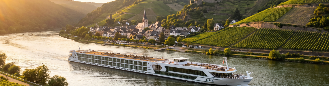 Flusskreuzfahrtschiff im Flusstal zwischen Weinbergen und Altstadt