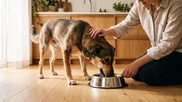 Hund frisst aus dem Napf - Tierfutter guenstiger kaufen