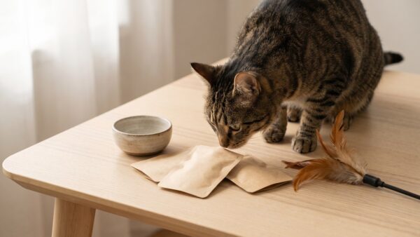 Katze schnuppert an Futterproben auf dem Tisch