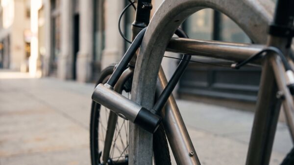 fv schloss Fahrrad mit Buegelschloss am Staender gesichert
