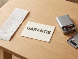 Kassenbon, Garantiekarte und defektes Gerät auf einem Schreibtisch als Symbol für den Unterschied zwischen Garantie und Gewährleistung