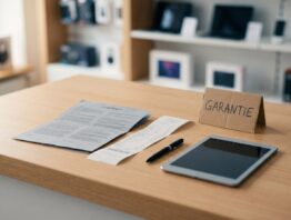 Garantieverlängerung an der Kasse im Elektronikmarkt: Vertrag, Kassenbon und Rechner nebeneinander
