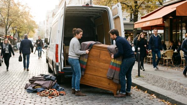 gebrauchte moebel kaufen transport Gebrauchte Kommode in Umzugsdecken wird in einen Transporter geladen