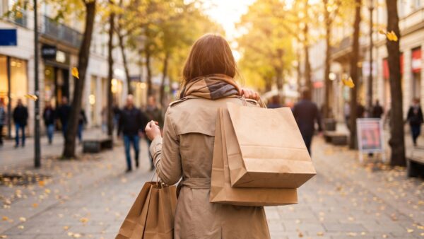 Einkaufstüten und Modeartikel auf hellem Untergrund