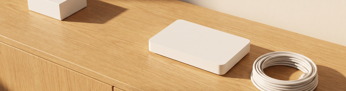 Kleines weißes Abschlusskästchen neben Router und Netzwerkkabel