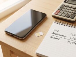 Smartphone, SIM-Karte und Taschenrechner auf einem Tisch