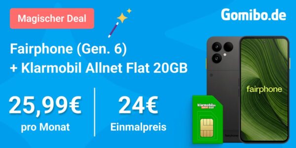 gomibo fairphone gen6 klarmobil 20gb banner Gomibo Magischer Deal: Fairphone (Gen. 6) mit klarmobil Allnet Flat 20GB für 25,99 Euro pro Monat