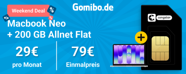 gomibo macbook neo congstar 200gb 750x300 1 Gomibo Weekend Deal: Apple MacBook Neo 256GB mit congstar Allnet Flat L und 200 GB 5G