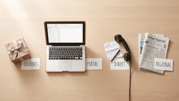 groupon alternativen inline 2 Vier Wege zur Groupon-Alternative: Erlebnisbox, Laptop mit Deal-Übersicht, Telefonhörer und Regionalzeitung