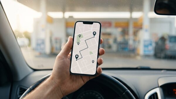 guenstig tanken app Spritpreis-App auf dem Smartphone vor der Tankstellen-Einfahrt