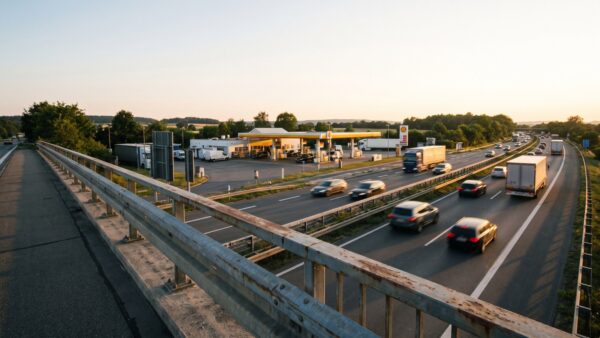 guenstig tanken autobahn Autobahnraststaette mit Tankstelle in der Abendsonne
