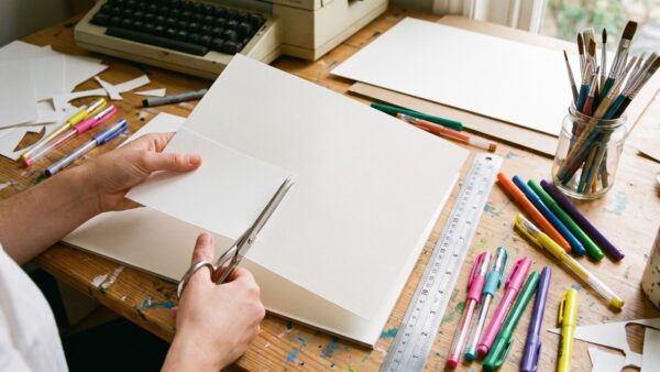 gutschein basteln Selbst gestaltete Gutscheinkarten mit Stiften und Bastelmaterial auf einem Tisch