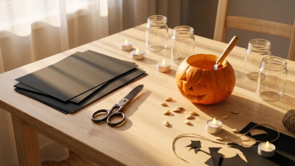 Halloween Deko selber machen mit Kuerbis und Bastelmaterial