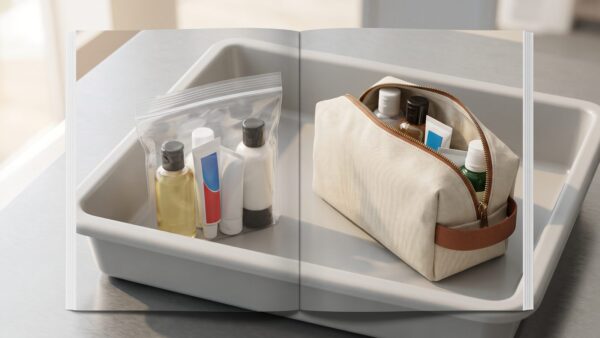 handgepaeck fluessigkeiten 1600x900 1 FlĂŒssigkeiten im HandgepĂ€ck: durchsichtiger Beutel mit 100-ml-Reiseflaschen in der Kontrollwanne
