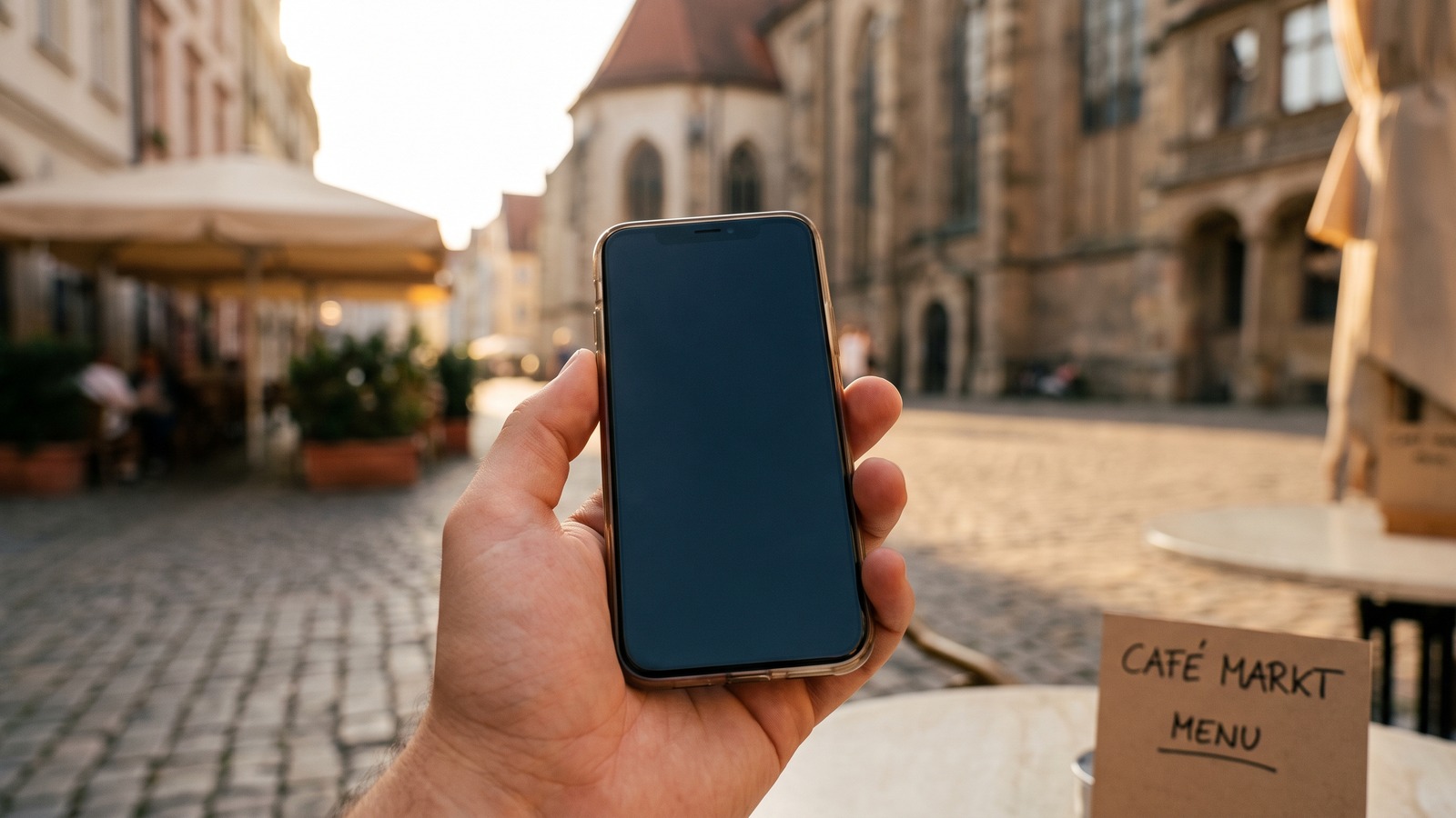 handy im ausland bild 1 Smartphone in der Hand vor europaeischer Altstadtkulisse beim Roaming im Ausland