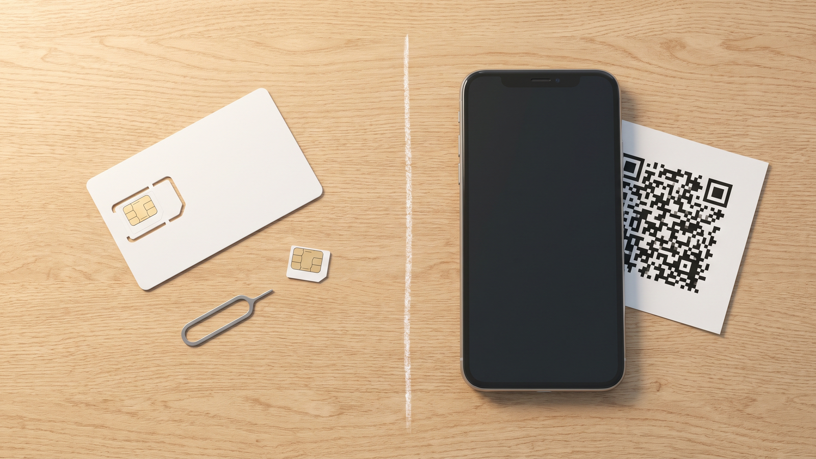 handy im ausland bild 3 Physische SIM-Karte mit Auswurfnadel und QR-Code fuer eSIM im direkten Vergleich