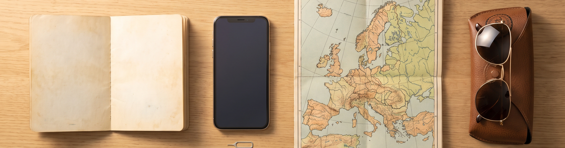 Reisepass, Smartphone, SIM-Nadel und Europakarte als Vorbereitung fuer das Handy im Ausland