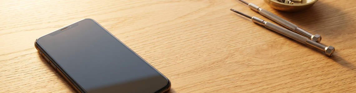 Smartphone mit dunklem Bildschirm neben Präzisionsschraubendrehern