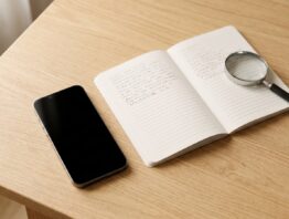 Smartphone neben Bedienungsanleitung und Lupe zum Nachschlagen des SAR-Werts