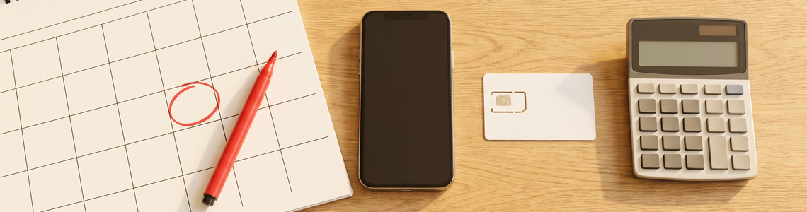 Kalender mit markiertem Tag, Smartphone, SIM-Karte und Taschenrechner auf dem Schreibtisch
