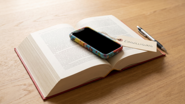 handyvertrag fuer kinder bild 1 Gesetzbuch mit Smartphone in Kinderhuelle und Schild Einwilligung auf dem Tisch
