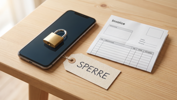 handyvertrag fuer kinder bild 3 Smartphone mit Vorhaengeschloss und Schild Sperre neben leerem Rechnungsformular