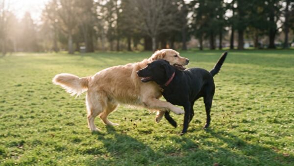 hhp hundewiese Zwei Hunde spielen auf einer Wiese im Park - Schaeden und Hundehaftpflicht