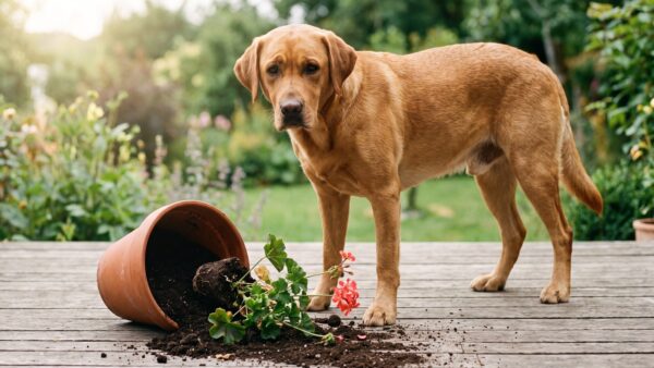 hhp schaden Hund neben einem umgestossenen Blumentopf auf der Terrasse - typische Schaeden in der Hundehaftpflicht