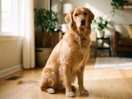 Golden Retriever sitzt aufmerksam im Wohnzimmer - Hundekrankenversicherung im Vergleich