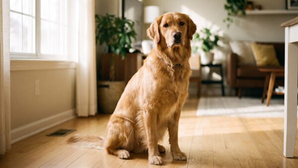 hkv hund portrait Golden Retriever sitzt aufmerksam im Wohnzimmer - Hundekrankenversicherung im Vergleich