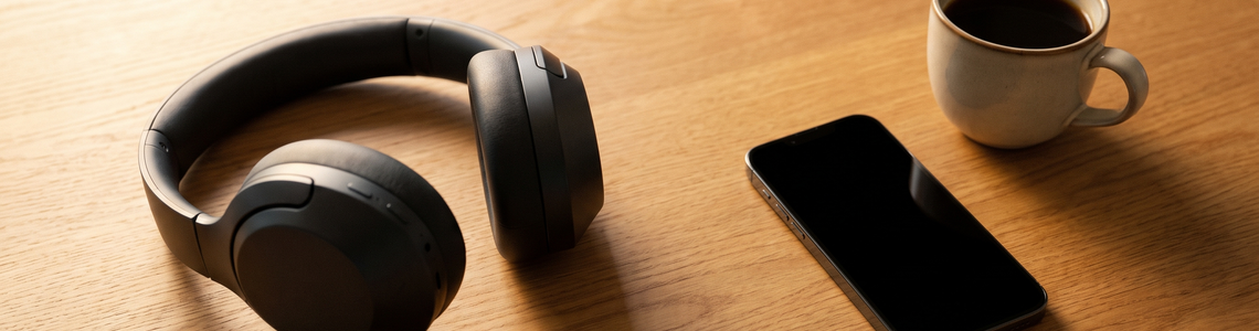 Over-Ear-Kopfhörer ohne Aufdruck neben Smartphone und Kaffeetasse