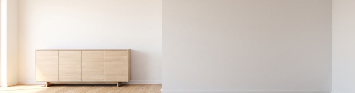 Leerer heller Wohnraum mit einem schlichten Sideboard aus Holz