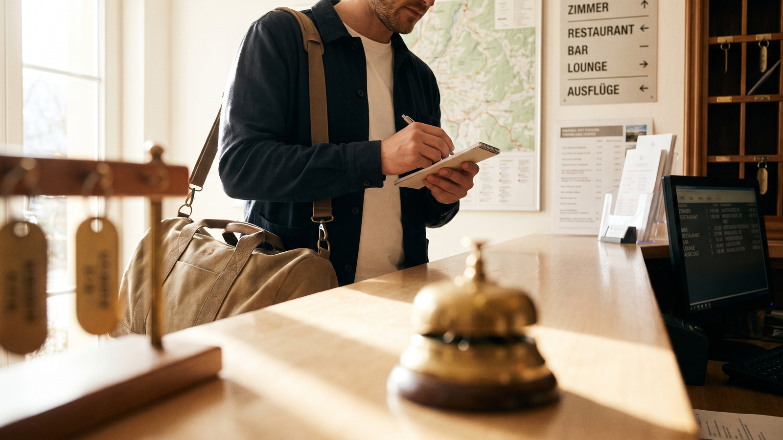 hoteltester werden bild 1 Mystery Guest notiert bei der Ankunft an der Hotelrezeption Beobachtungen