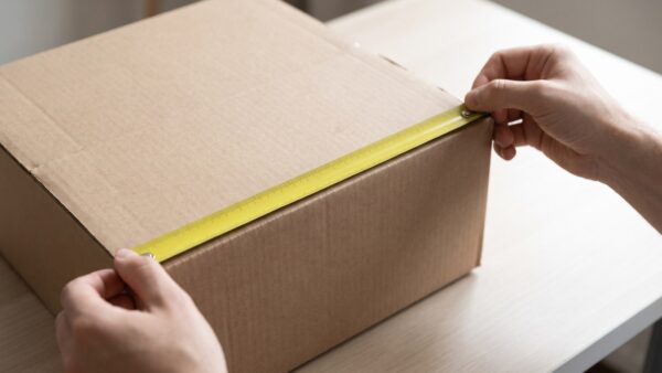 Gurtmaß am Paket messen: Hände mit Maßband an einem Versandkarton